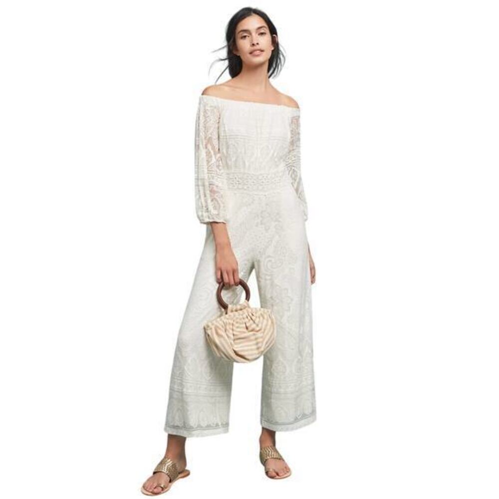 Farm Rio Elliot Off The Shoulder Lace Cream Boho Jumpsuit Size XS